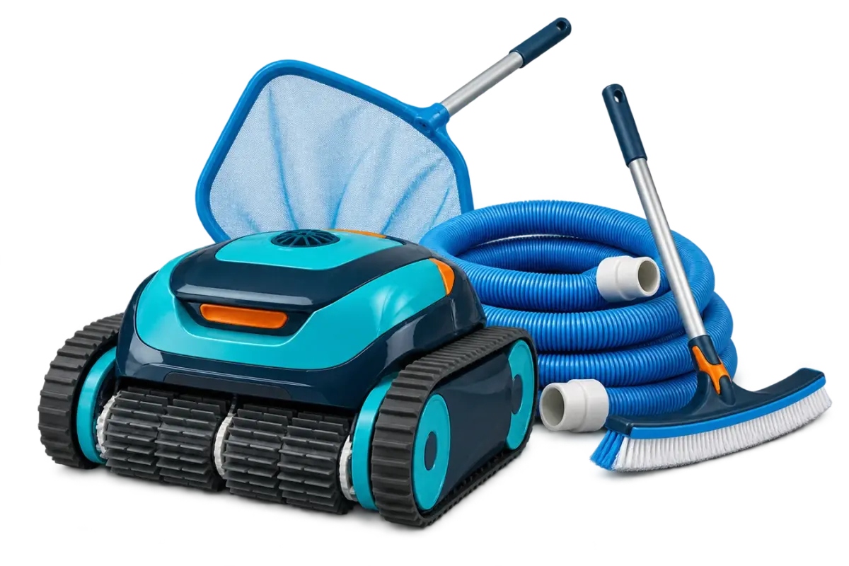 Robotic pool cleaner with a skimmer, brush and hose