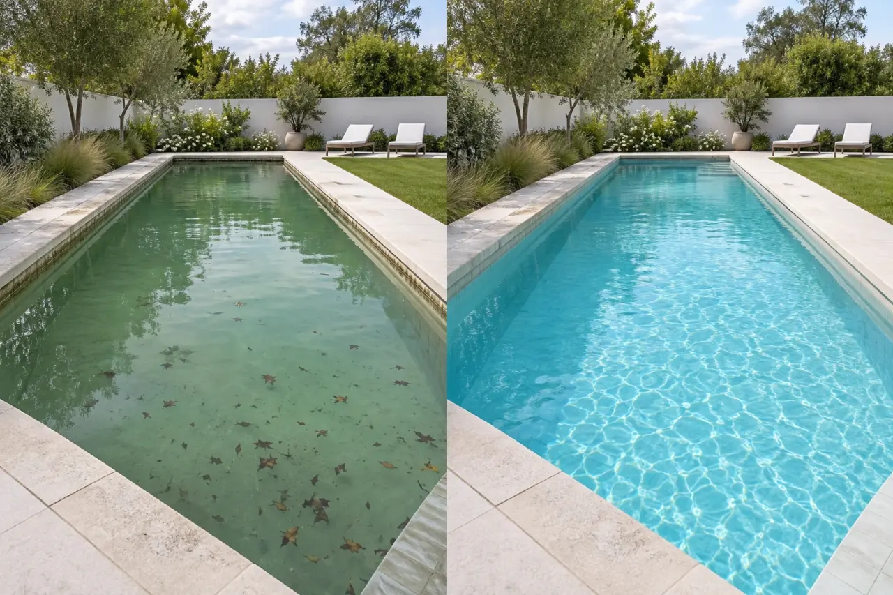 Illustration of the same pool before cleaning, with cloudy water and leaves